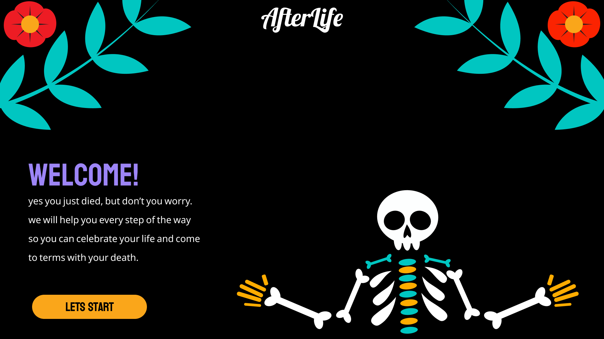 AfterLife app welcome screen: a skeleton with open arms and a Let's start button
