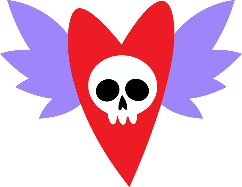 A red heart with a skull and violet wings