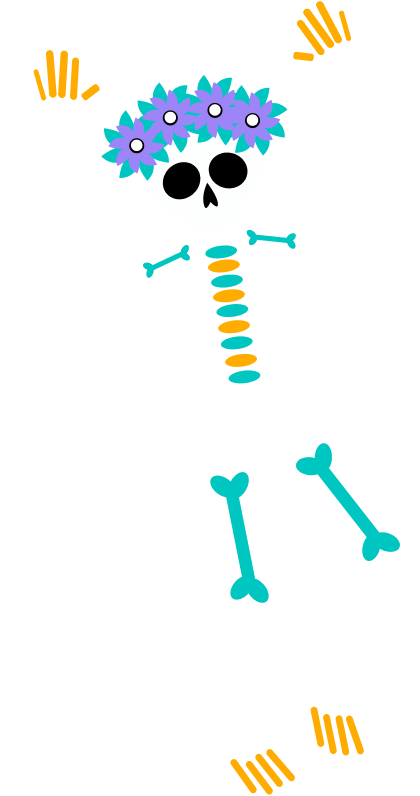A dancing skeleton wearing a blue flower crown
