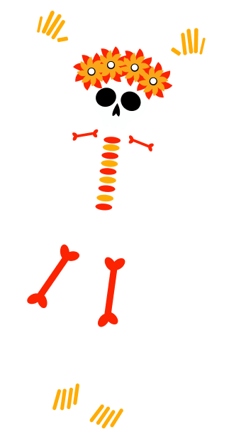 A dancing skeleton wearing an orange flower crown