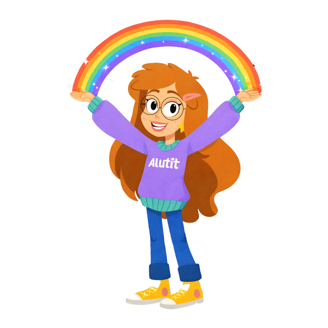 Alutit in her branded sweater, holding up a rainbow