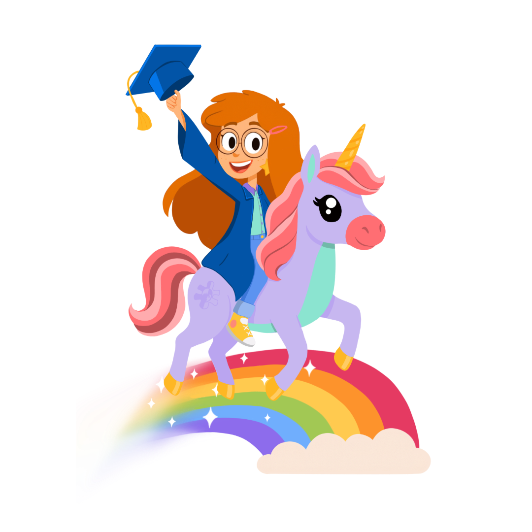 Alutit in a graduation cap, riding a unicorn across a rainbow