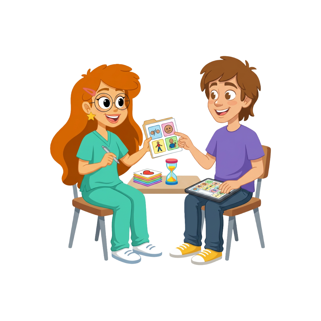 Alutit as a speech therapist using a communication board with a client