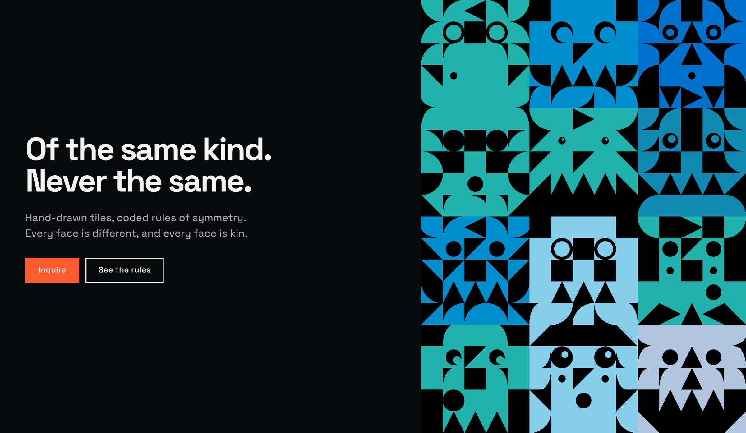 Kindred landing page: the headline beside a grid of colourful geometric faces