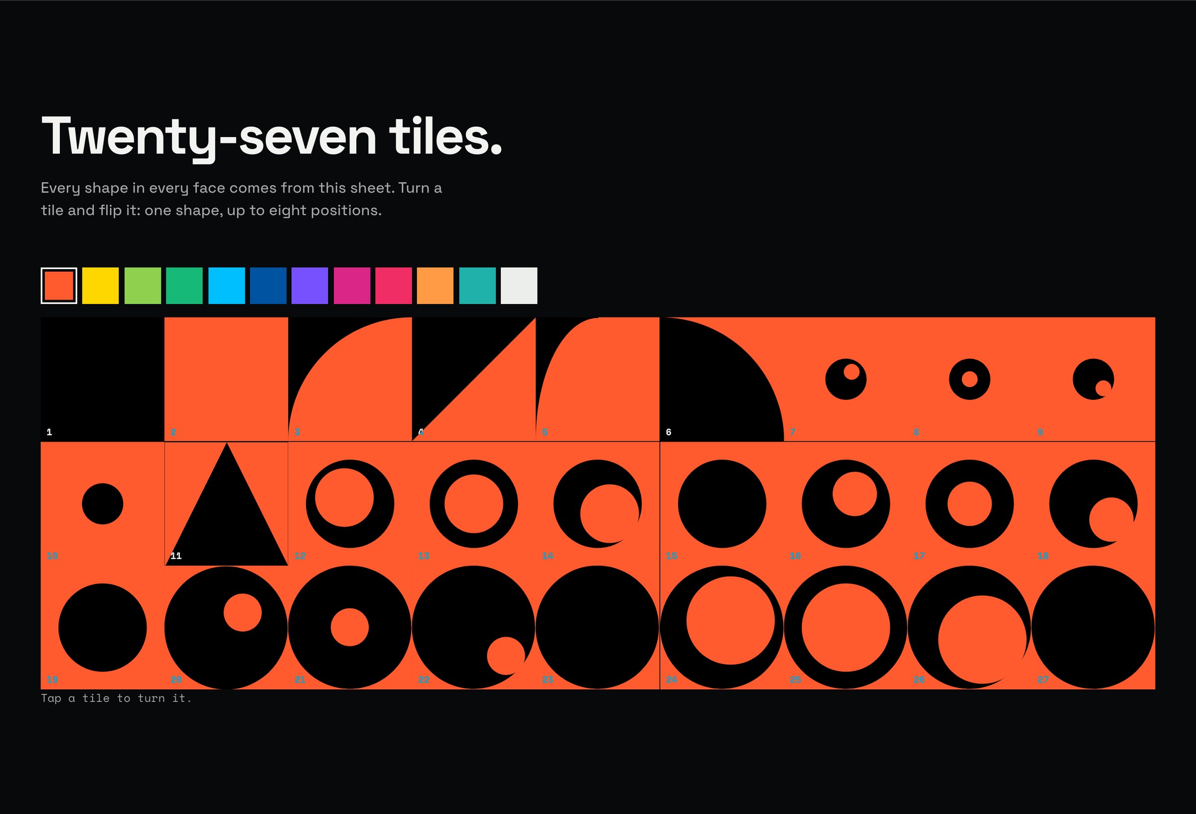 The sheet of twenty-seven hand-drawn tiles in orange and black, with a row of colour swatches